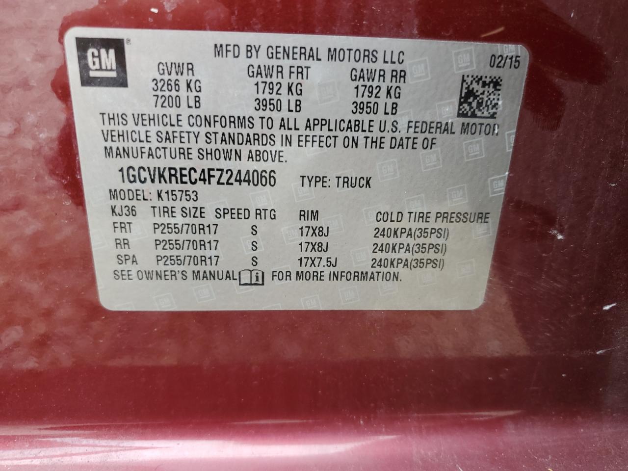 1GCVKREC4FZ244066 2015 Chevrolet Silverado K1500 Lt