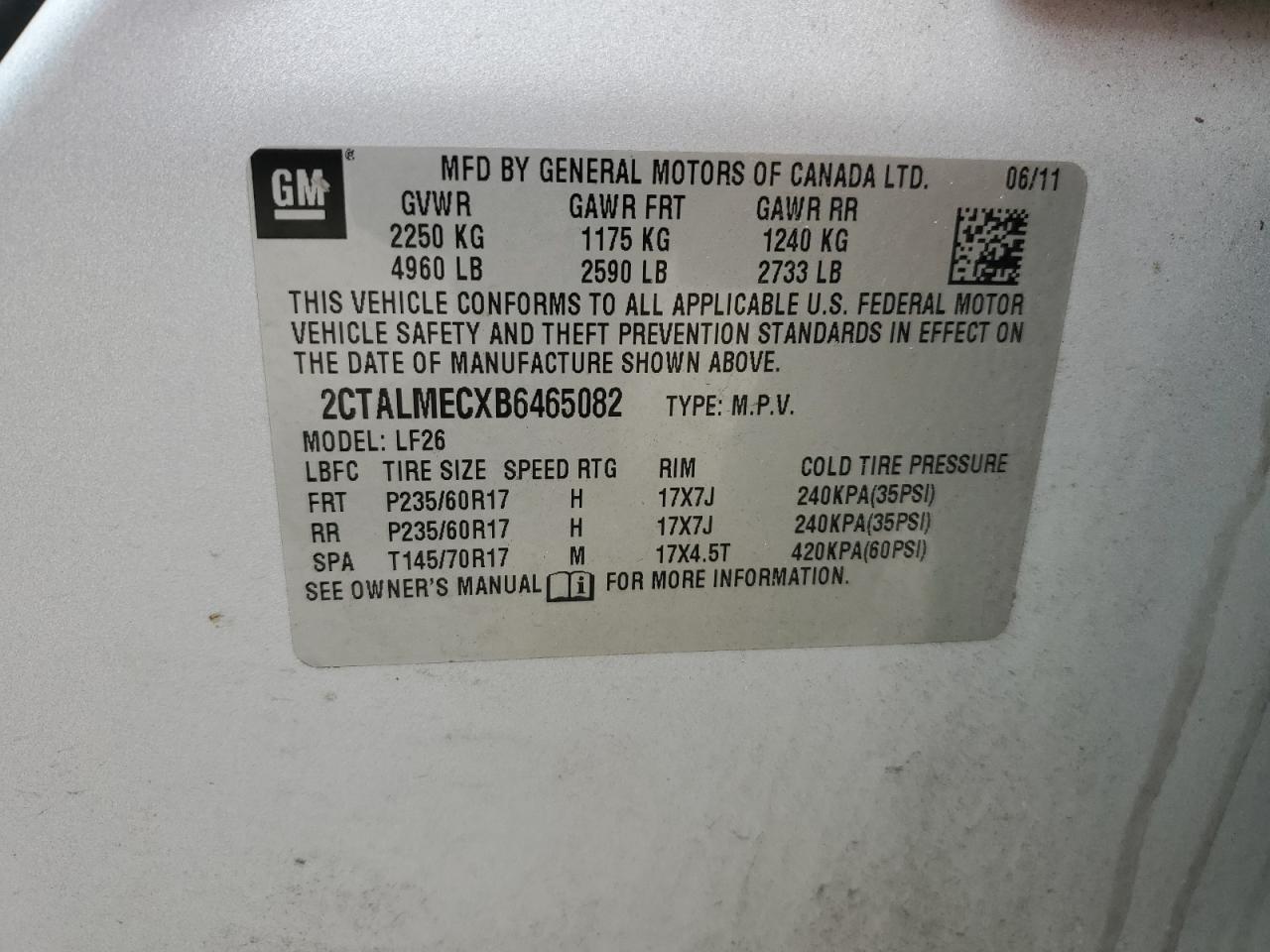 2011 GMC Terrain Sle VIN: 2CTALMECXB6465082 Lot: 64560624