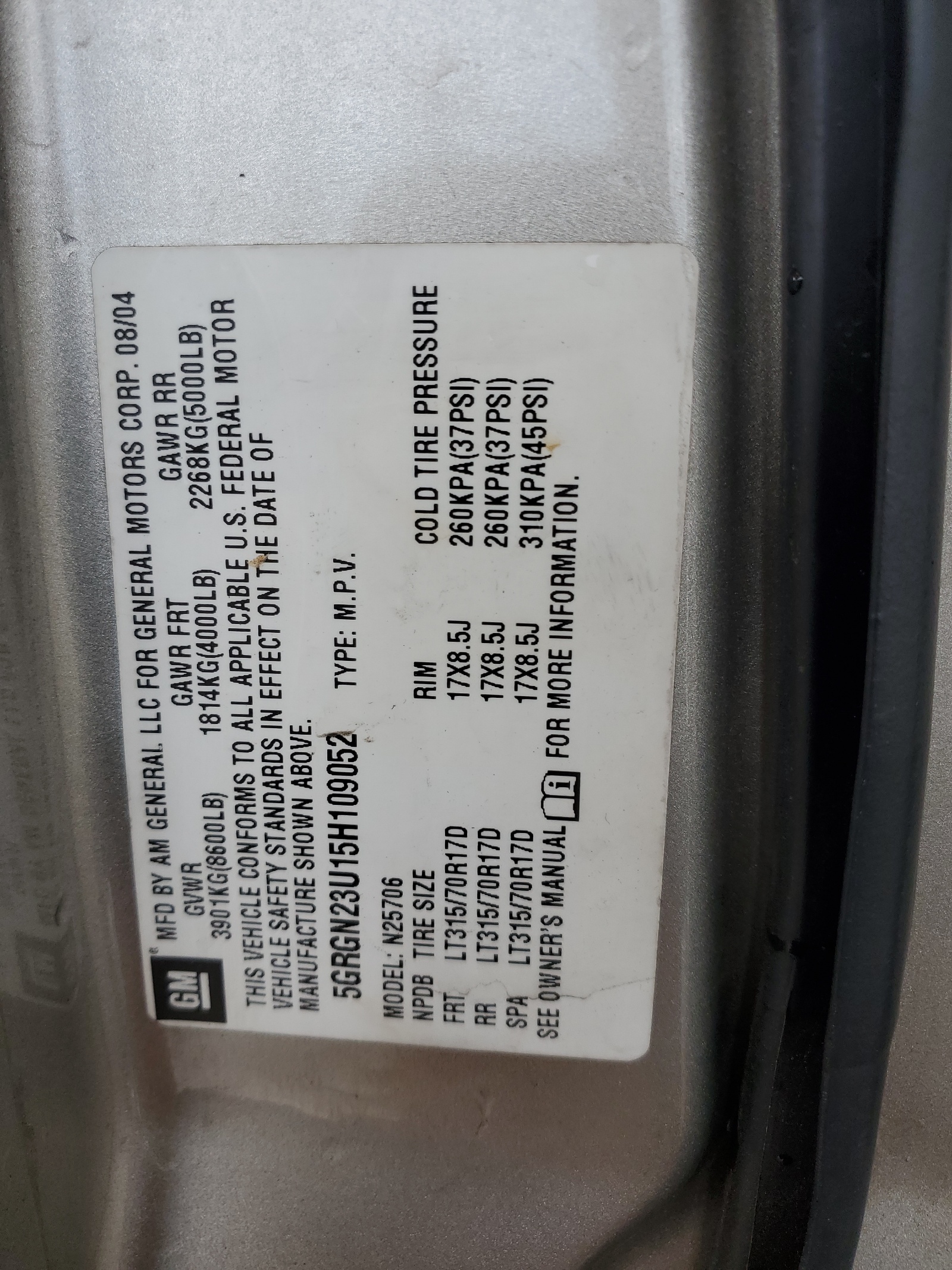 5GRGN23U15H109052 2005 Hummer H2