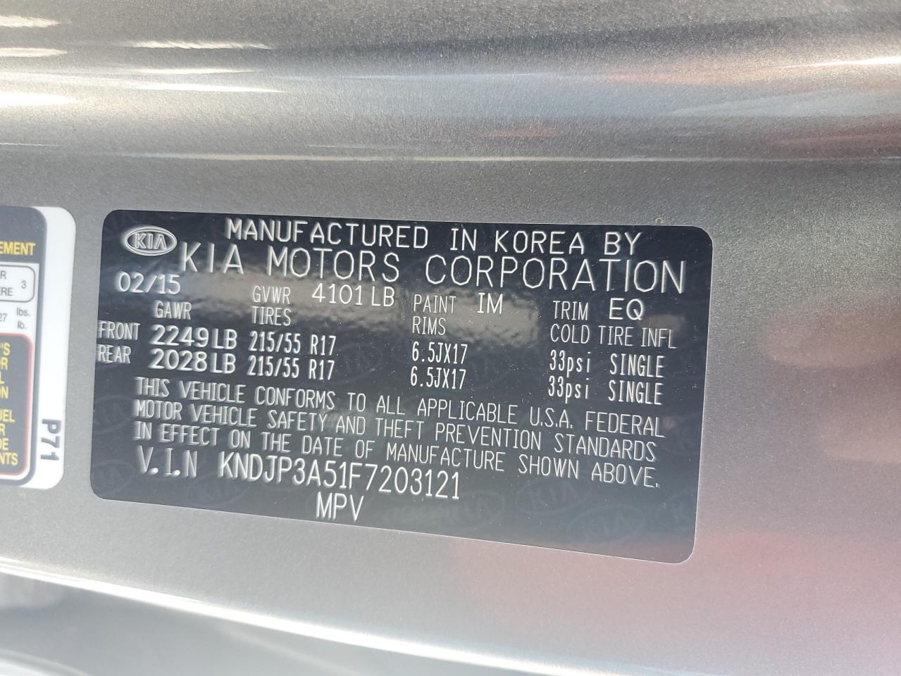 2015 Kia Soul + VIN: KNDJP3A51F7203121 Lot: 62620044