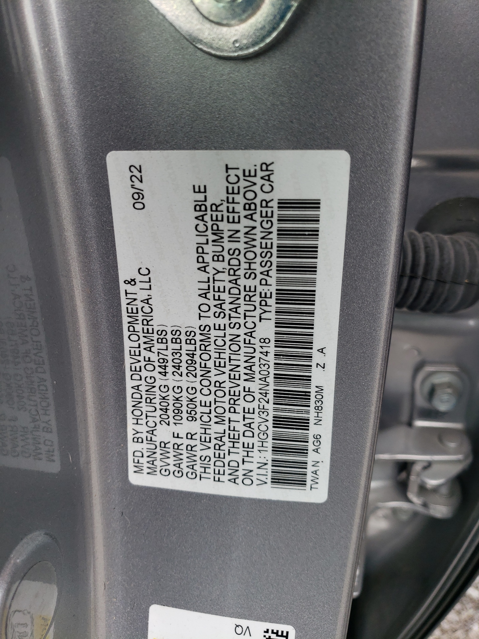 1HGCV3F24NA037418 2022 Honda Accord Hybrid Sport