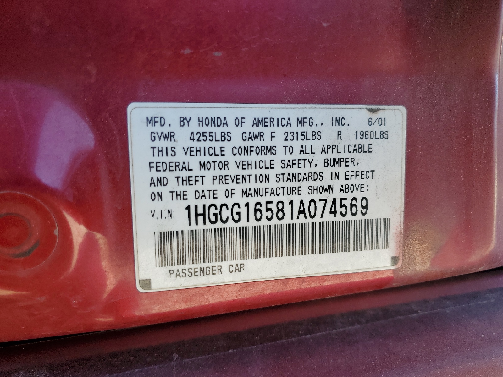 1HGCG16581A074569 2001 Honda Accord Ex