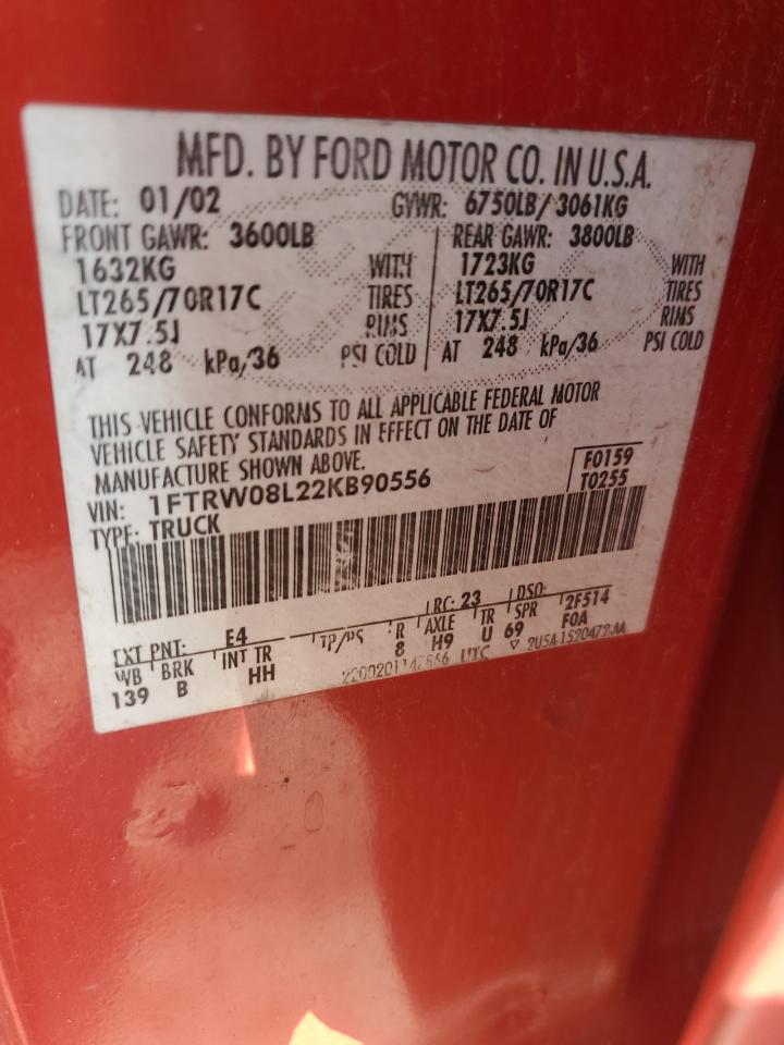 2002 Ford F150 Supercrew VIN: 1FTRW08L22KB90556 Lot: 64845894