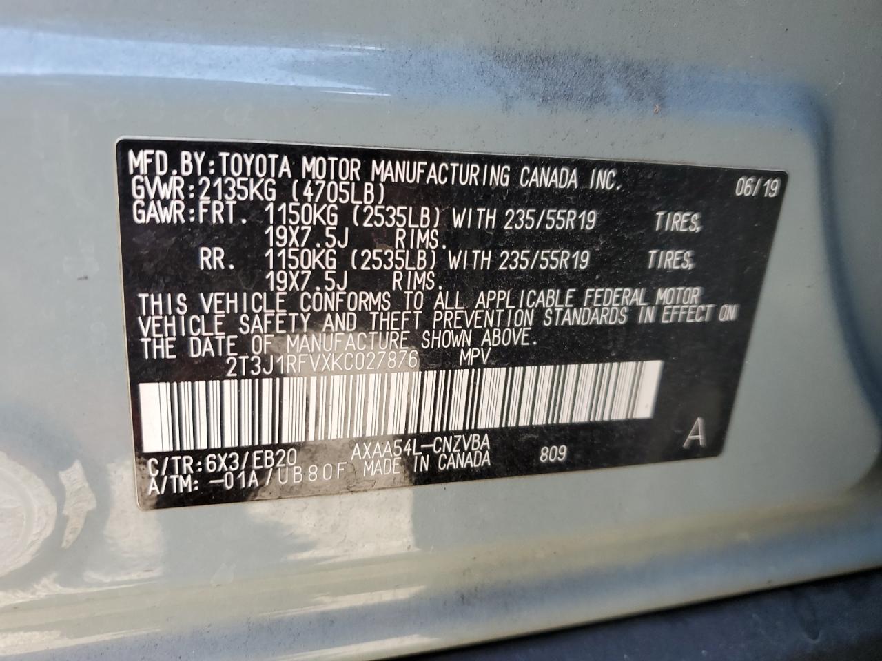 2019 Toyota Rav4 Adventure VIN: 2T3J1RFVXKC027876 Lot: 63710944