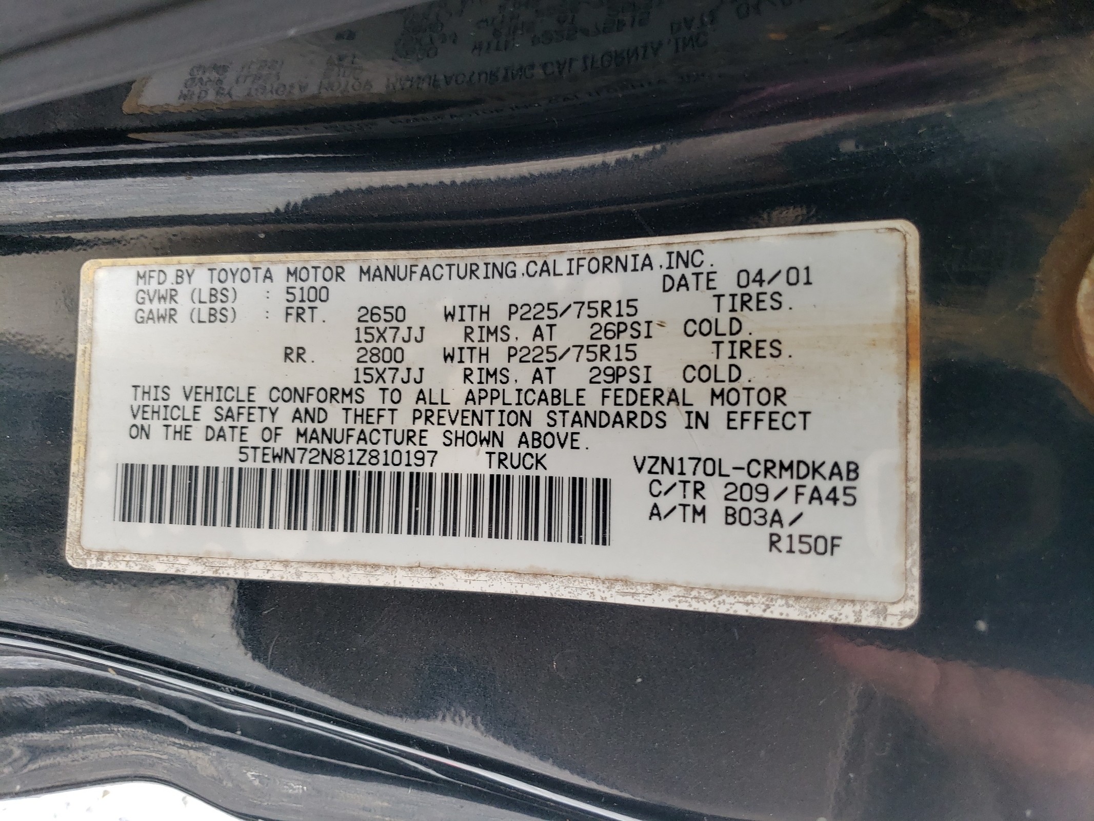 5TEWN72N81Z810197 2001 Toyota Tacoma Xtracab