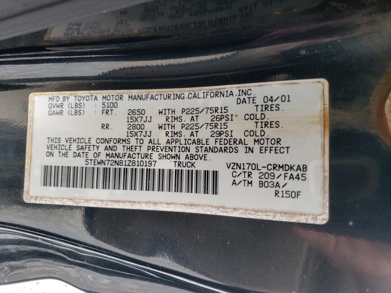 2001 Toyota Tacoma Xtracab VIN: 5TEWN72N81Z810197 Lot: 62274544