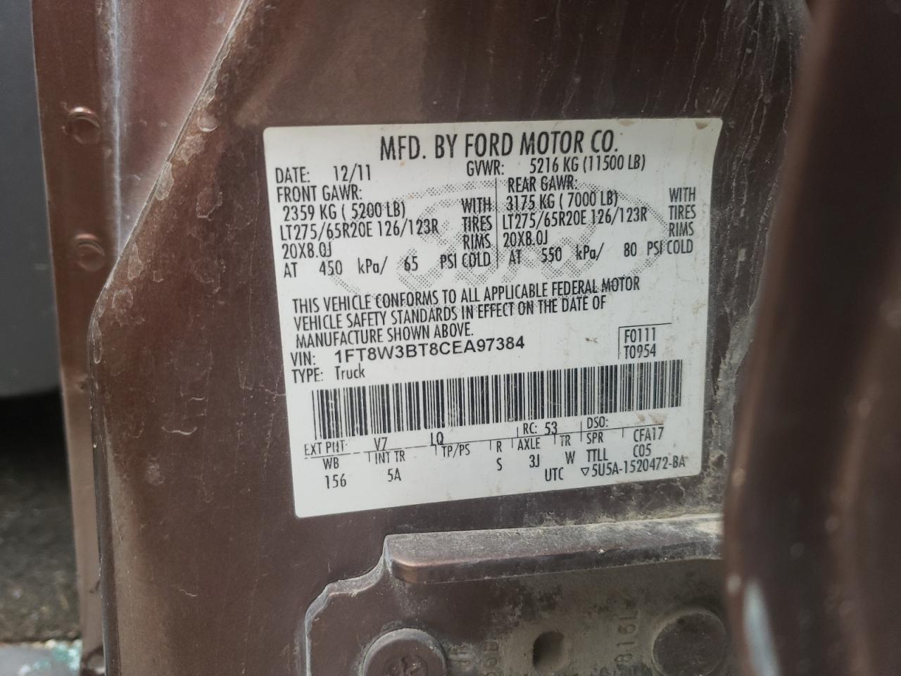 2012 Ford F350 Super Duty VIN: 1FT8W3BT8CEA97384 Lot: 62895544