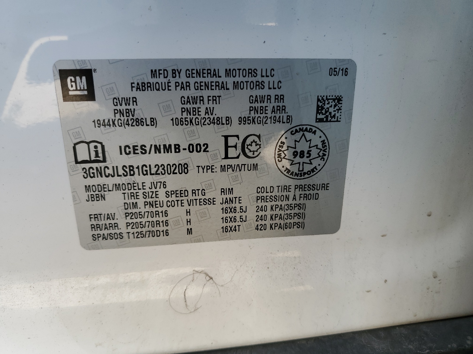 3GNCJLSB1GL230208 2016 Chevrolet Trax 1Lt