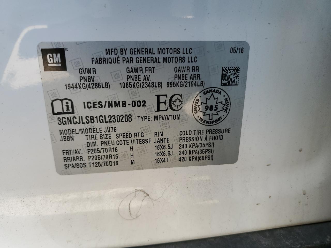 2016 Chevrolet Trax 1Lt VIN: 3GNCJLSB1GL230208 Lot: 62642224