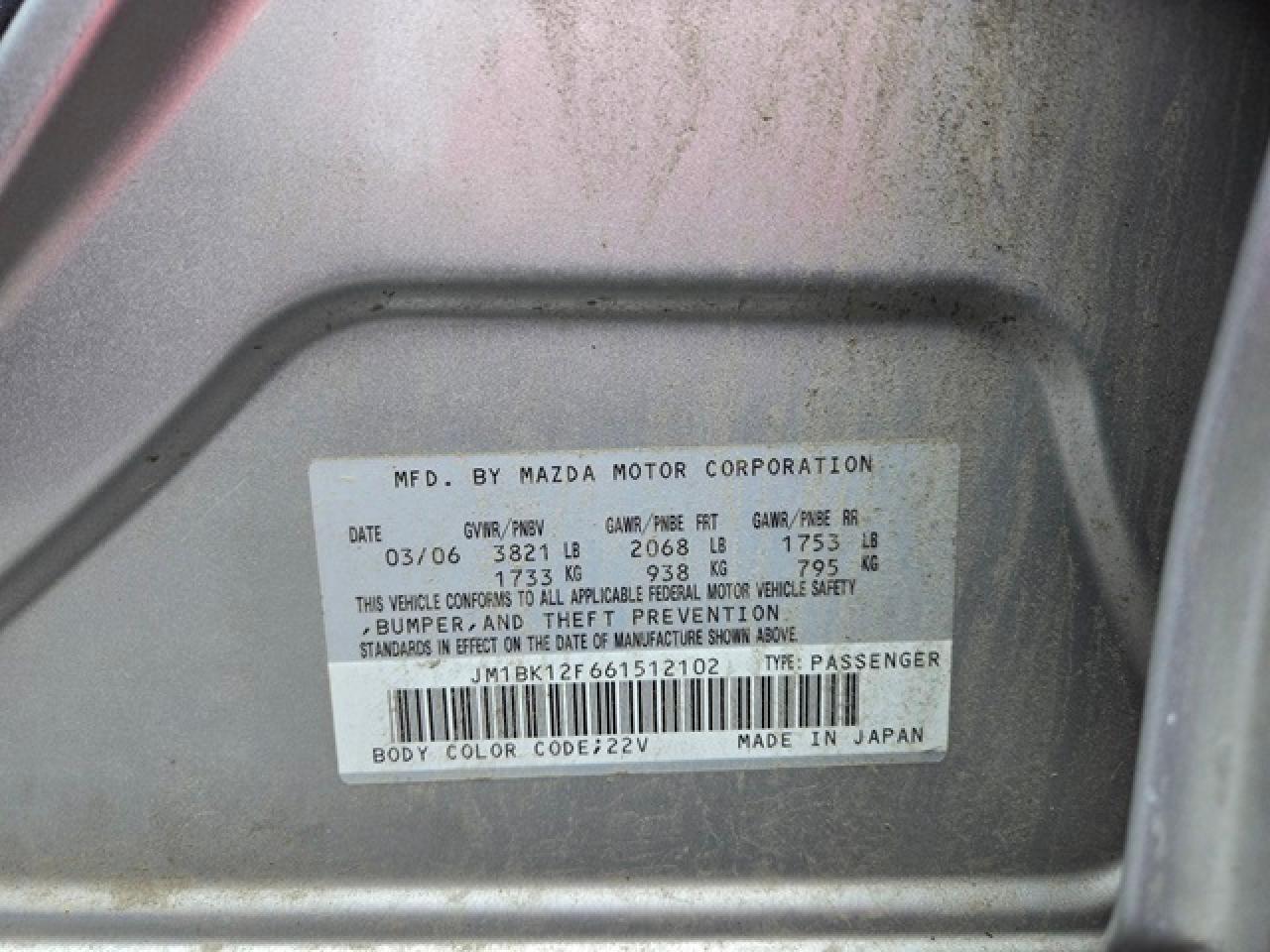 2006 Mazda 3 I VIN: JM1BK12F661512102 Lot: 60781224