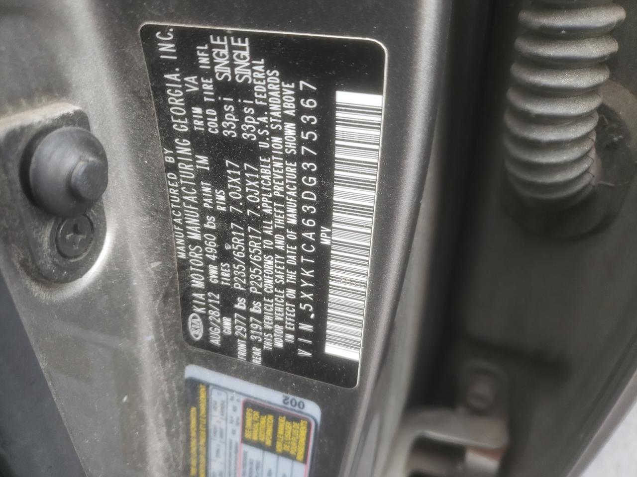 2013 Kia Sorento Lx VIN: 5XYKTCA63DG375367 Lot: 63767604