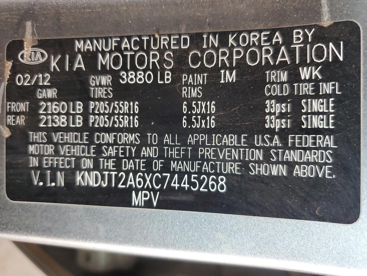 2012 Kia Soul + VIN: KNDJT2A6XC7445268 Lot: 62965534