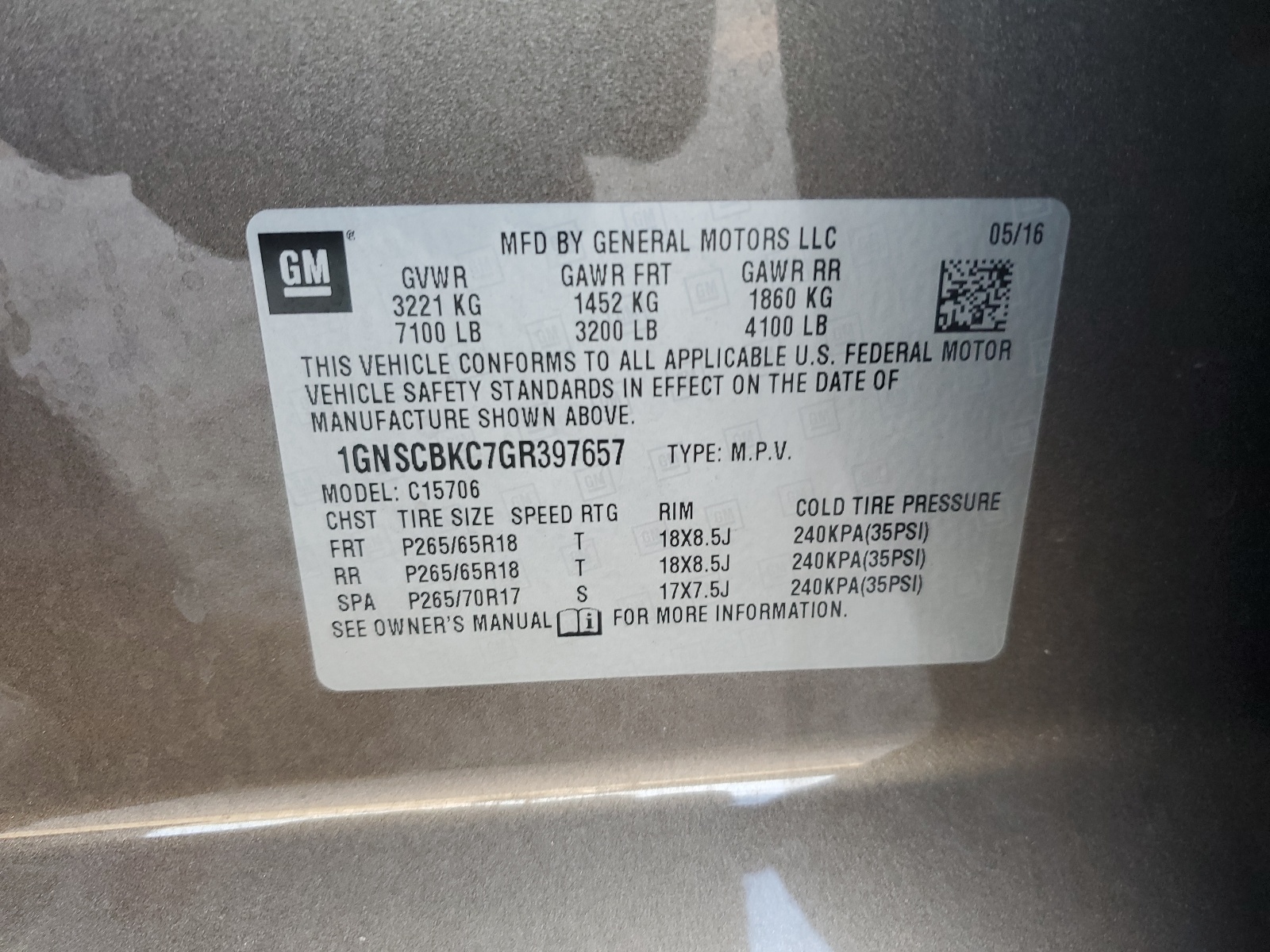 1GNSCBKC7GR397657 2016 Chevrolet Tahoe C1500 Lt