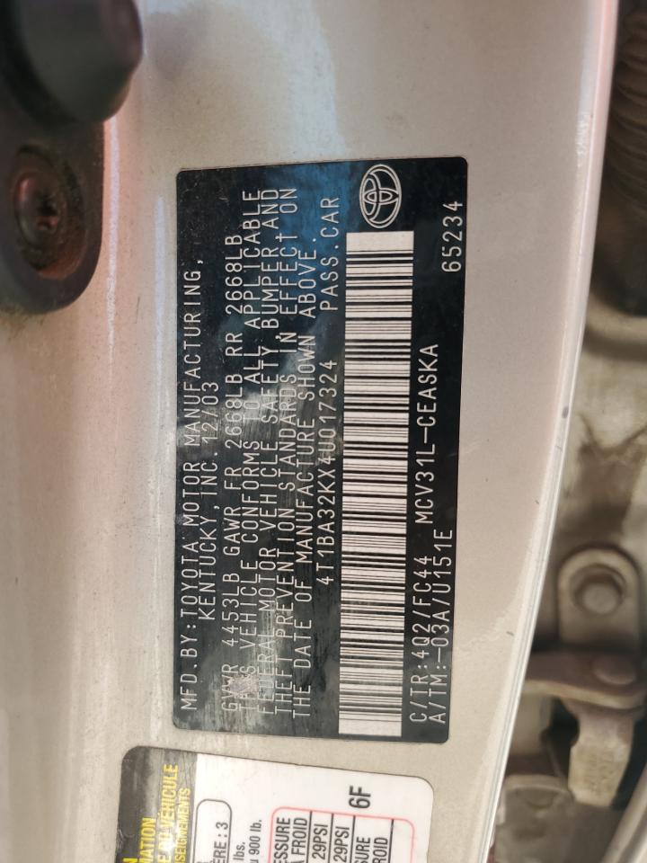 2004 Toyota Camry Se VIN: 4T1BA32KX4U017324 Lot: 64265104