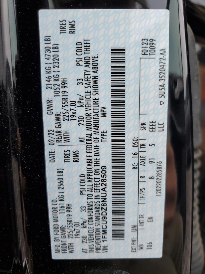 2022 Ford Escape Titanium VIN: 1FMCU9DZ8NUA28509 Lot: 63715394