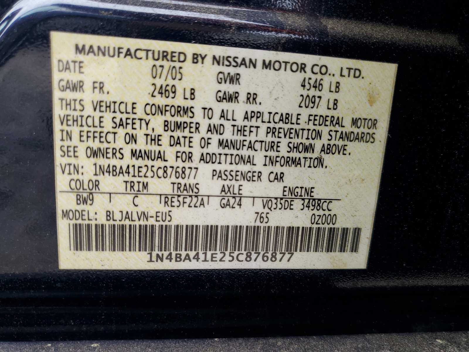 1N4BA41E25C876877 2005 Nissan Maxima Se