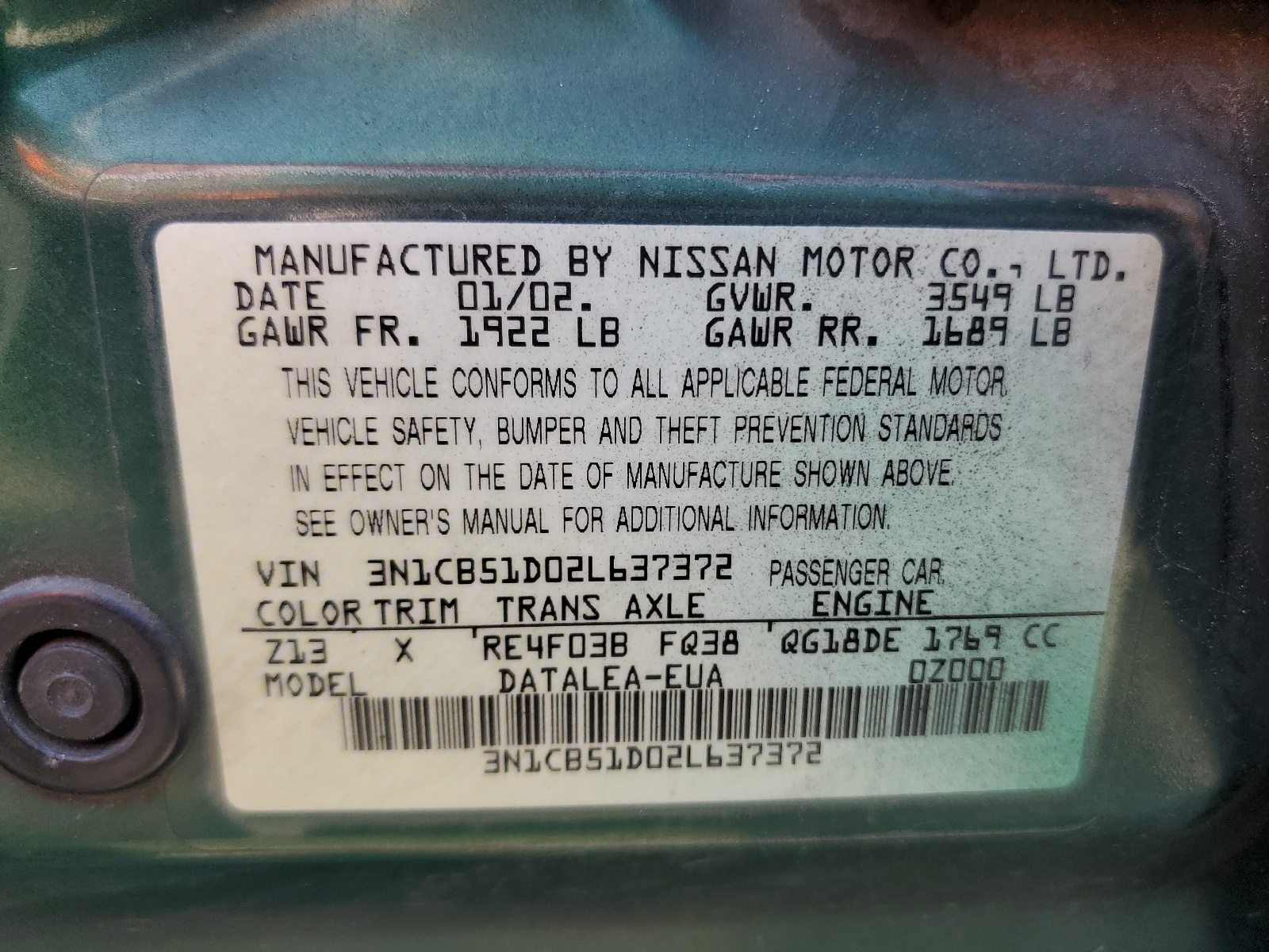 3N1CB51D02L637372 2002 Nissan Sentra Xe