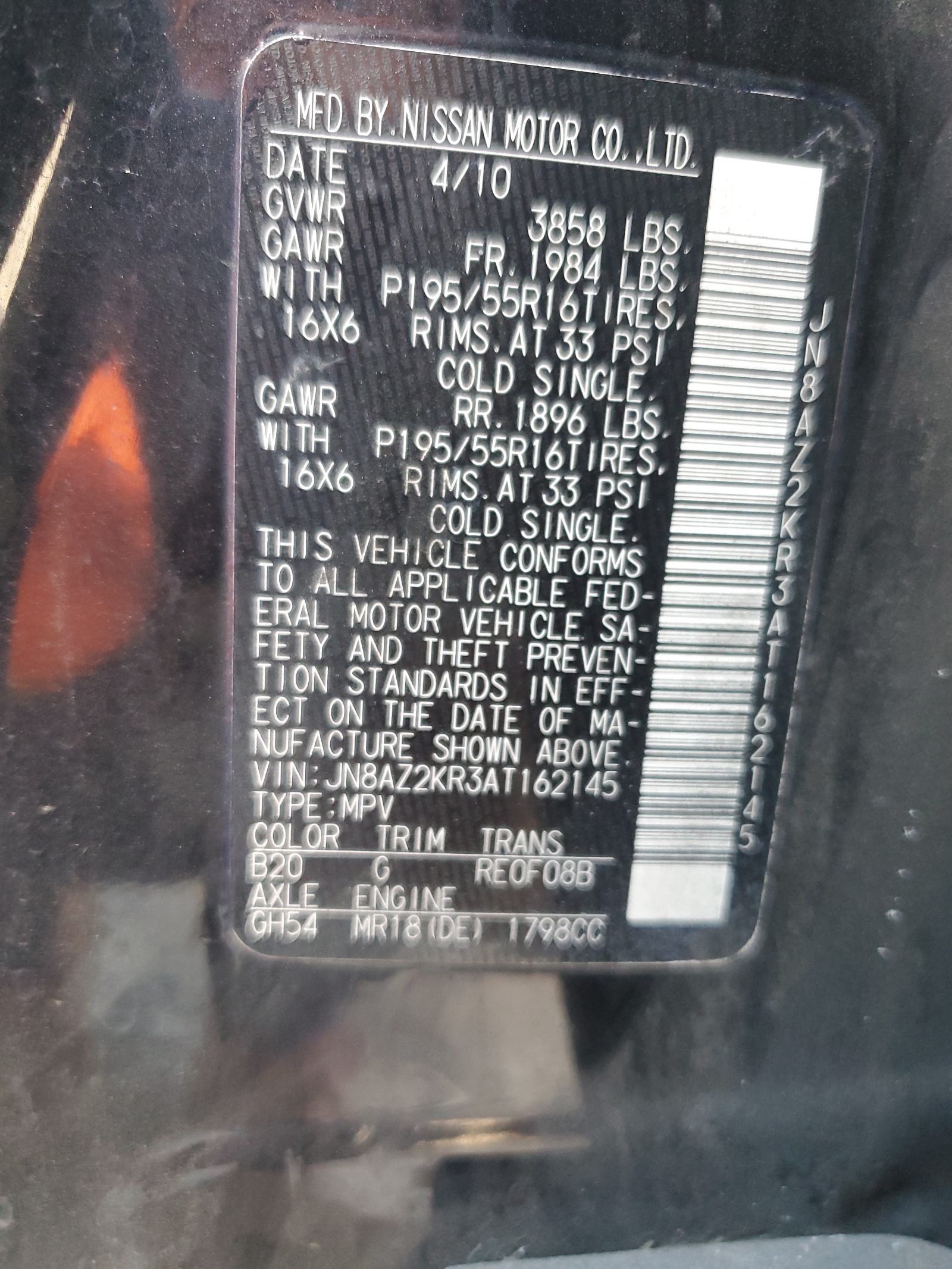 JN8AZ2KR3AT162145 2010 Nissan Cube Base