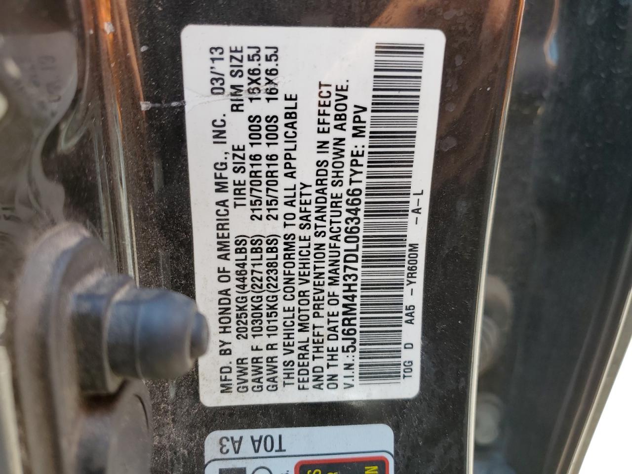 2013 Honda Cr-V Lx VIN: 5J6RM4H37DL063466 Lot: 63698874