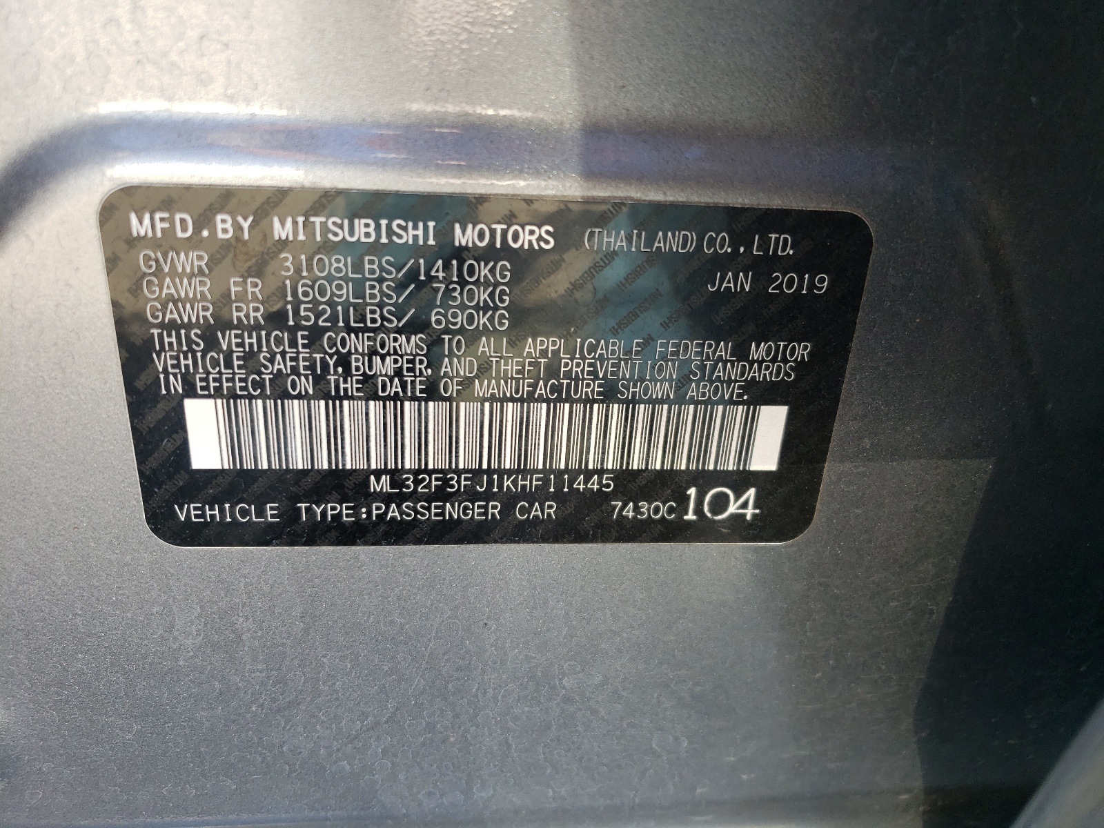 ML32F3FJ1KHF11445 2019 Mitsubishi Mirage G4 Es