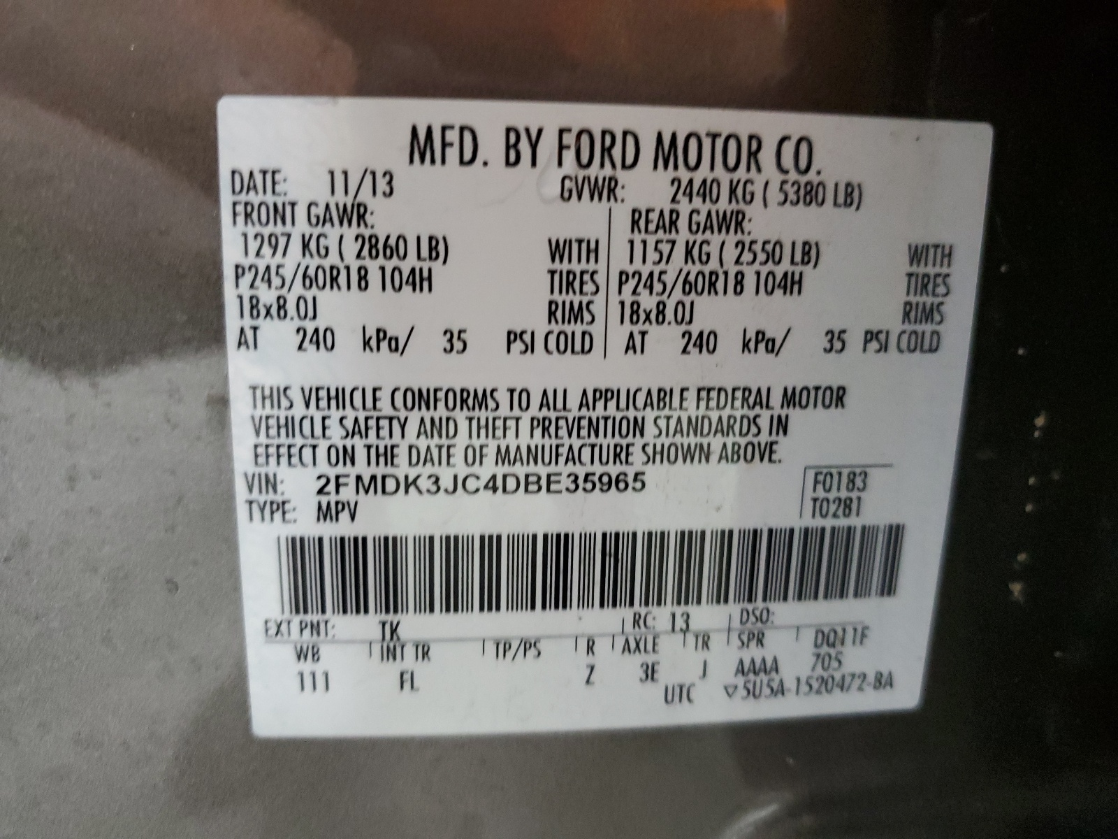 2013 Ford Edge Sel vin: 2FMDK3JC4DBE35965