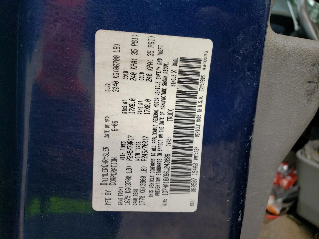 2006 Dodge Ram 1500 St VIN: 1D7HA18K86J243088 Lot: 62438984