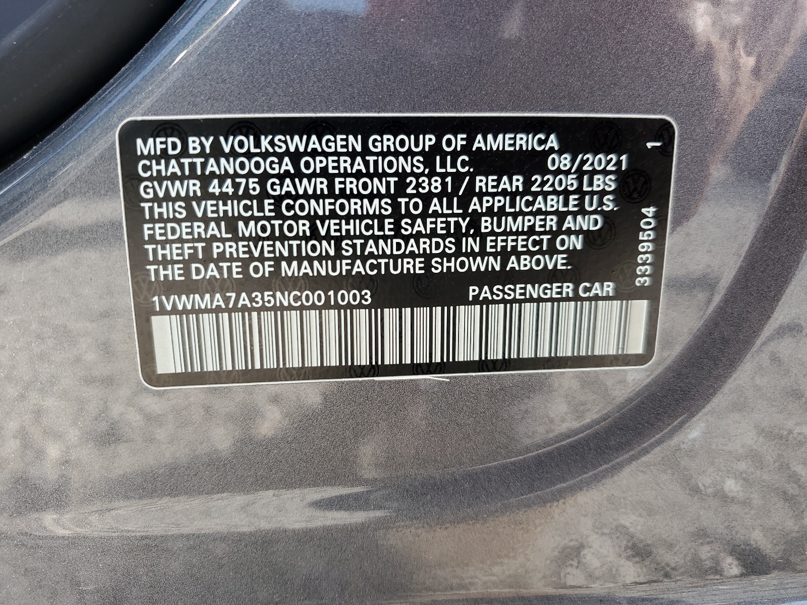 1VWMA7A35NC001003 2022 Volkswagen Passat R-Line