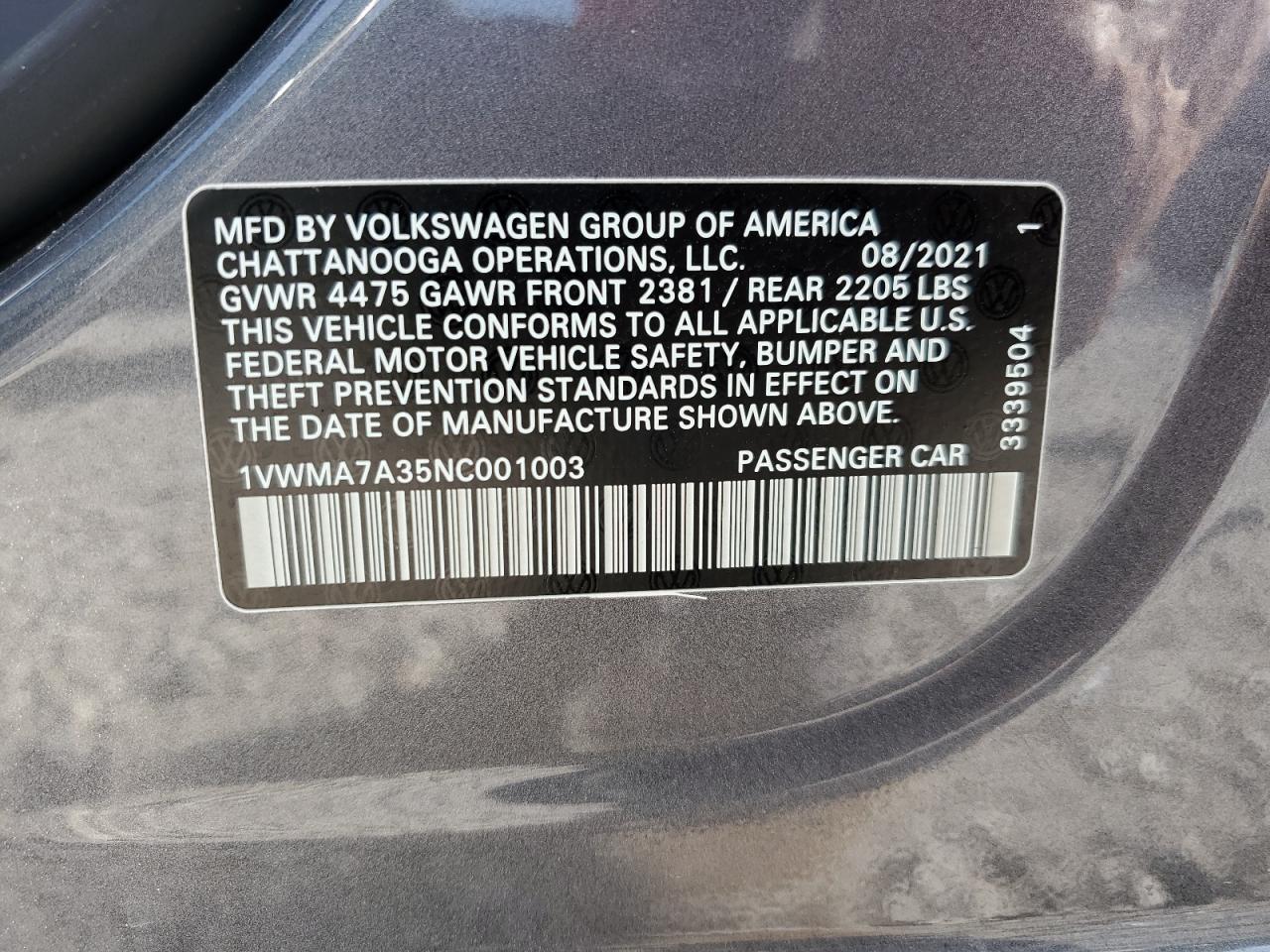 2022 Volkswagen Passat R-Line VIN: 1VWMA7A35NC001003 Lot: 62565324