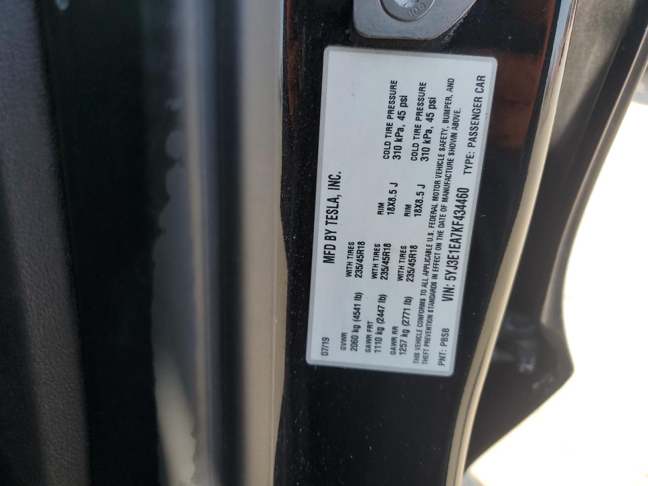 5YJ3E1EA7KF434460 2019 Tesla Model 3