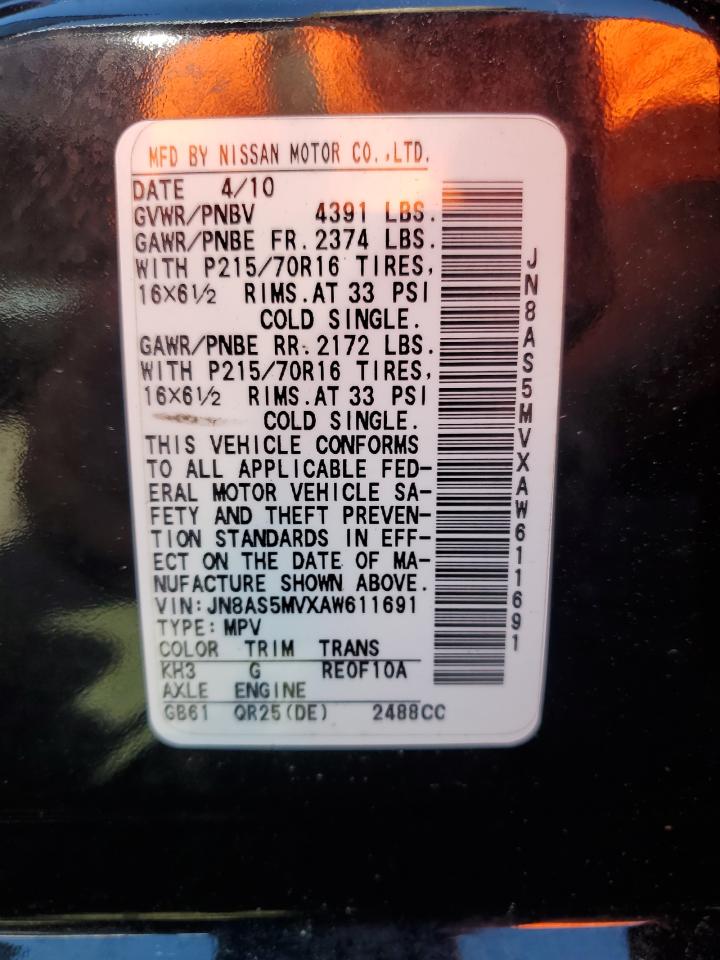 2010 Nissan Rogue S VIN: JN8AS5MVXAW611691 Lot: 59930674