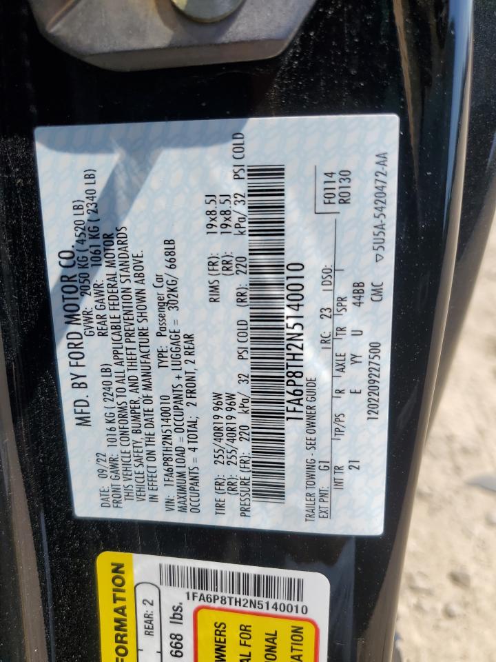 2022 Ford Mustang VIN: 1FA6P8TH2N5140010 Lot: 60525604