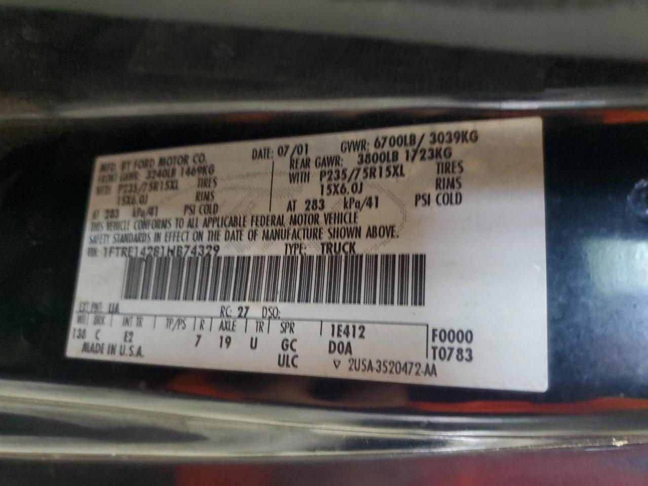 2001 Ford Econoline E150 Van VIN: 1FTRE14281HB74329 Lot: 64506784