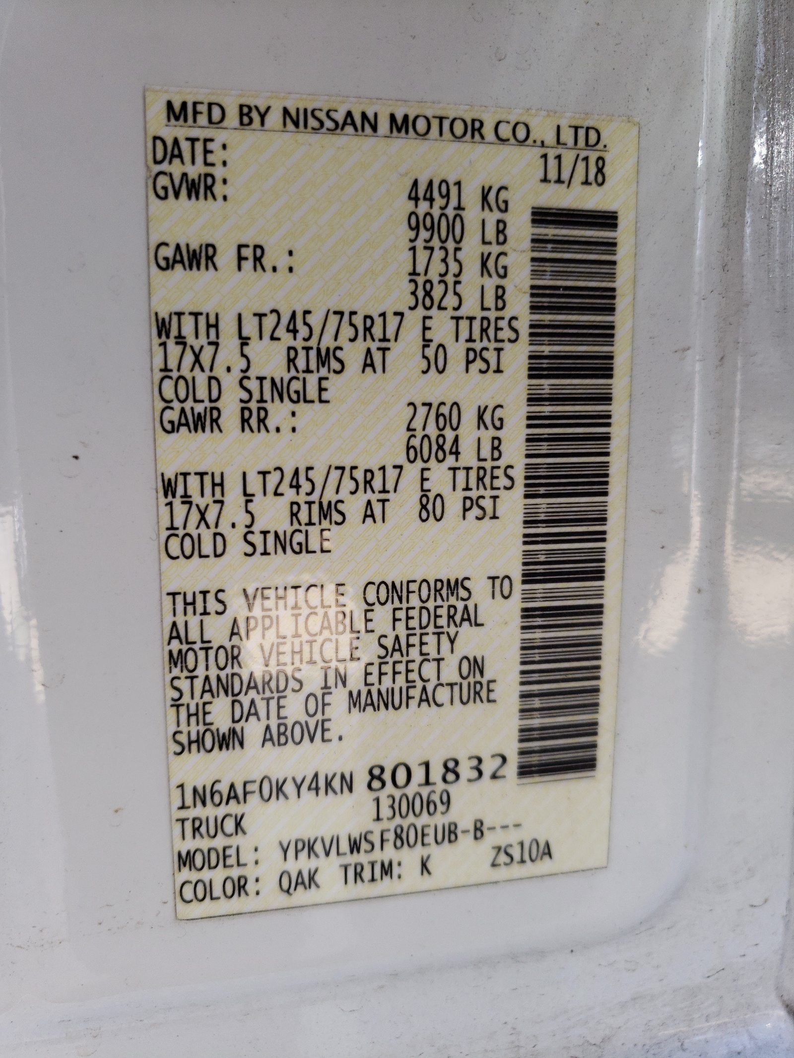 1N6AF0KY4KN801832 2019 Nissan Nv 2500 S