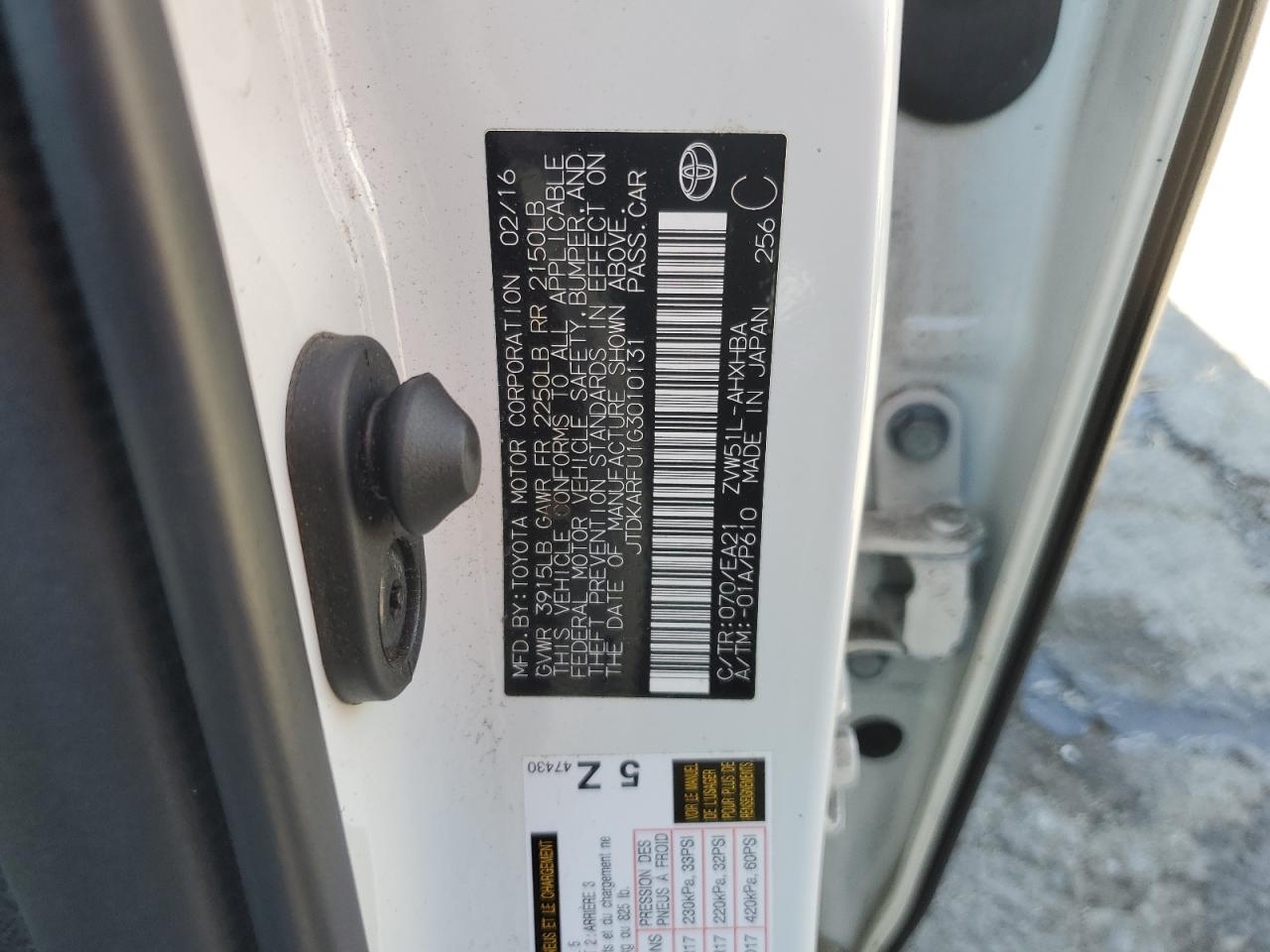 2016 Toyota Prius VIN: JTDKARFU1G3010131 Lot: 64264124