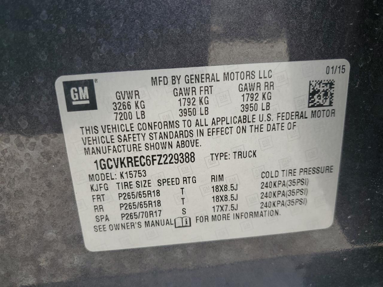 1GCVKREC6FZ229388 2015 Chevrolet Silverado K1500 Lt