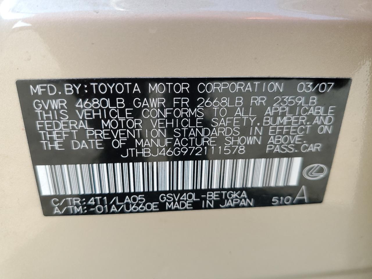 2007 Lexus Es 350 VIN: JTHBJ46G972111578 Lot: 64451844