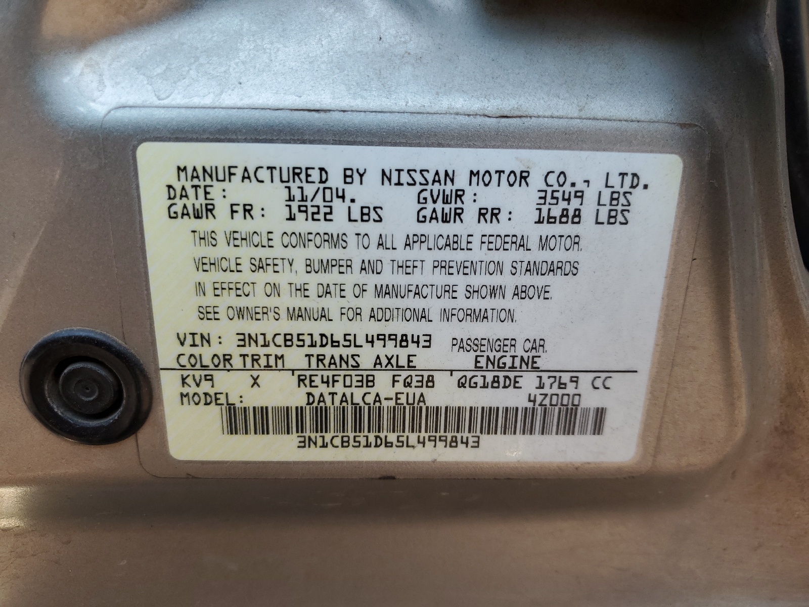 3N1CB51D65L499843 2005 Nissan Sentra 1.8