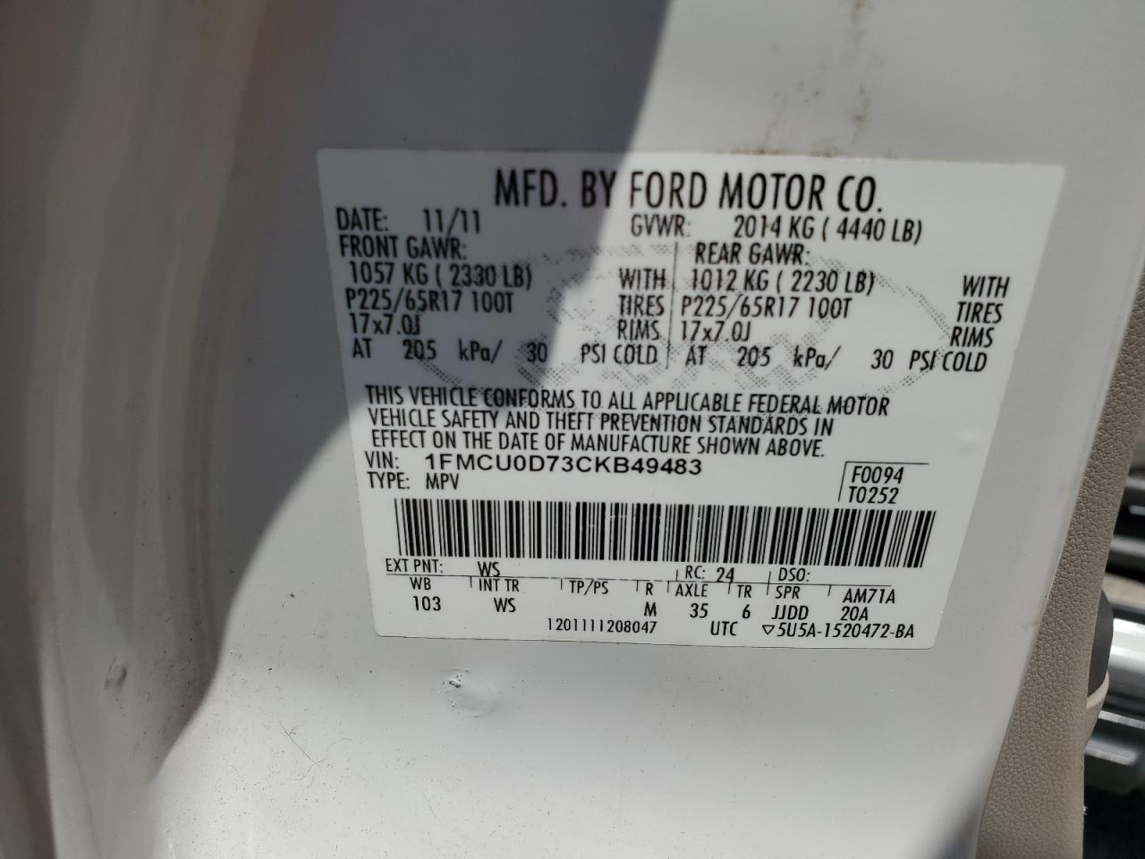 2012 Ford Escape Xlt VIN: 1FMCU0D73CKB49483 Lot: 65365174