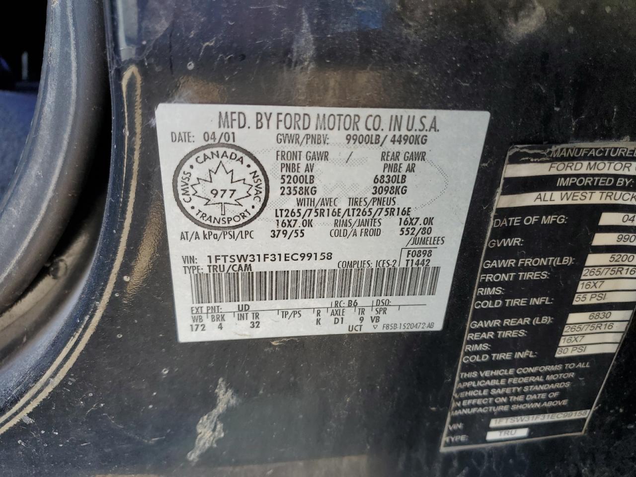 2001 Ford F350 Srw Super Duty VIN: 1FTSW31F31EC99158 Lot: 49968754