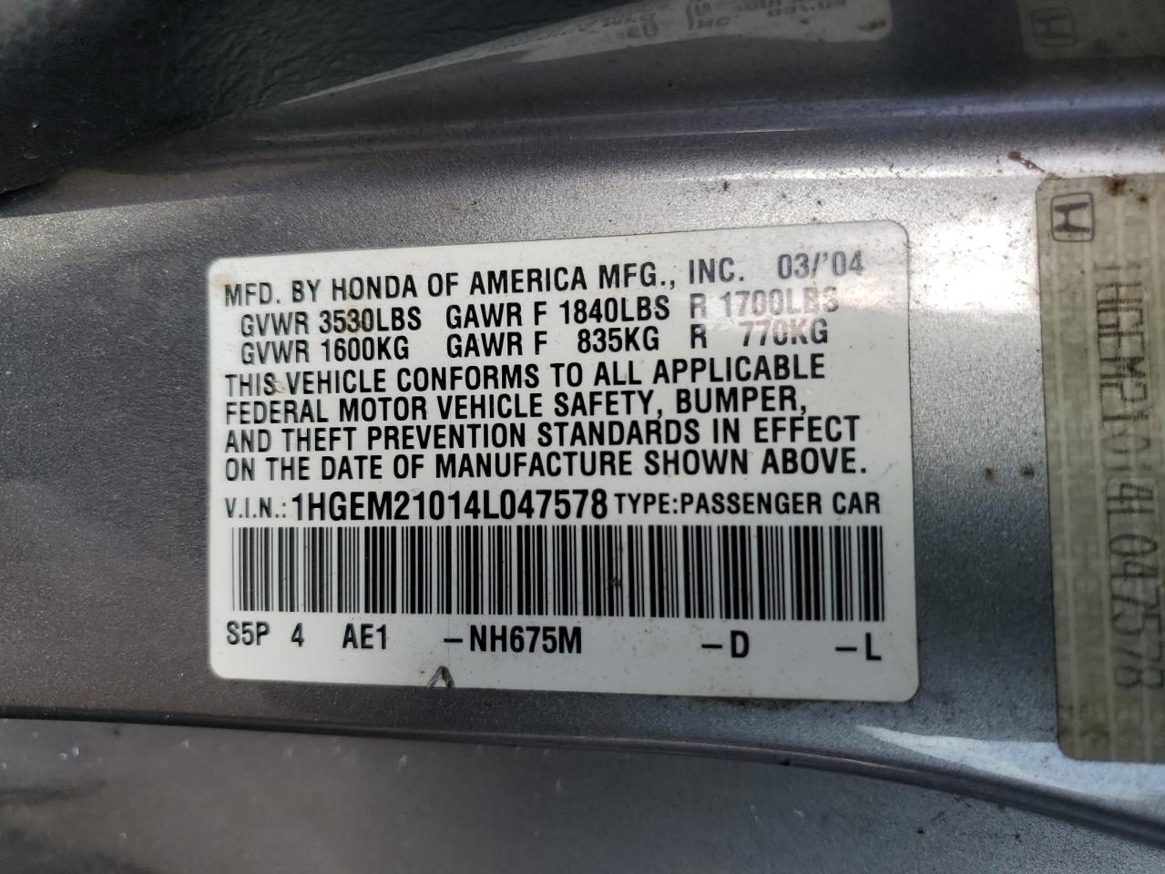 2004 Honda Civic Ex VIN: 1HGEM21014L047578 Lot: 62574874