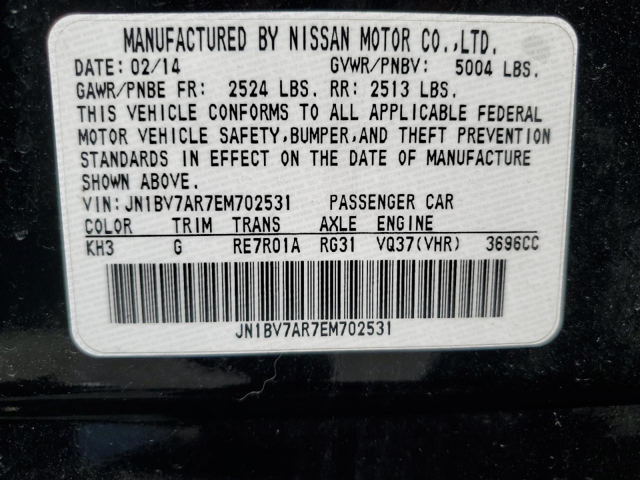 2014 Infiniti Q50 Base VIN: JN1BV7AR7EM702531 Lot: 64654154