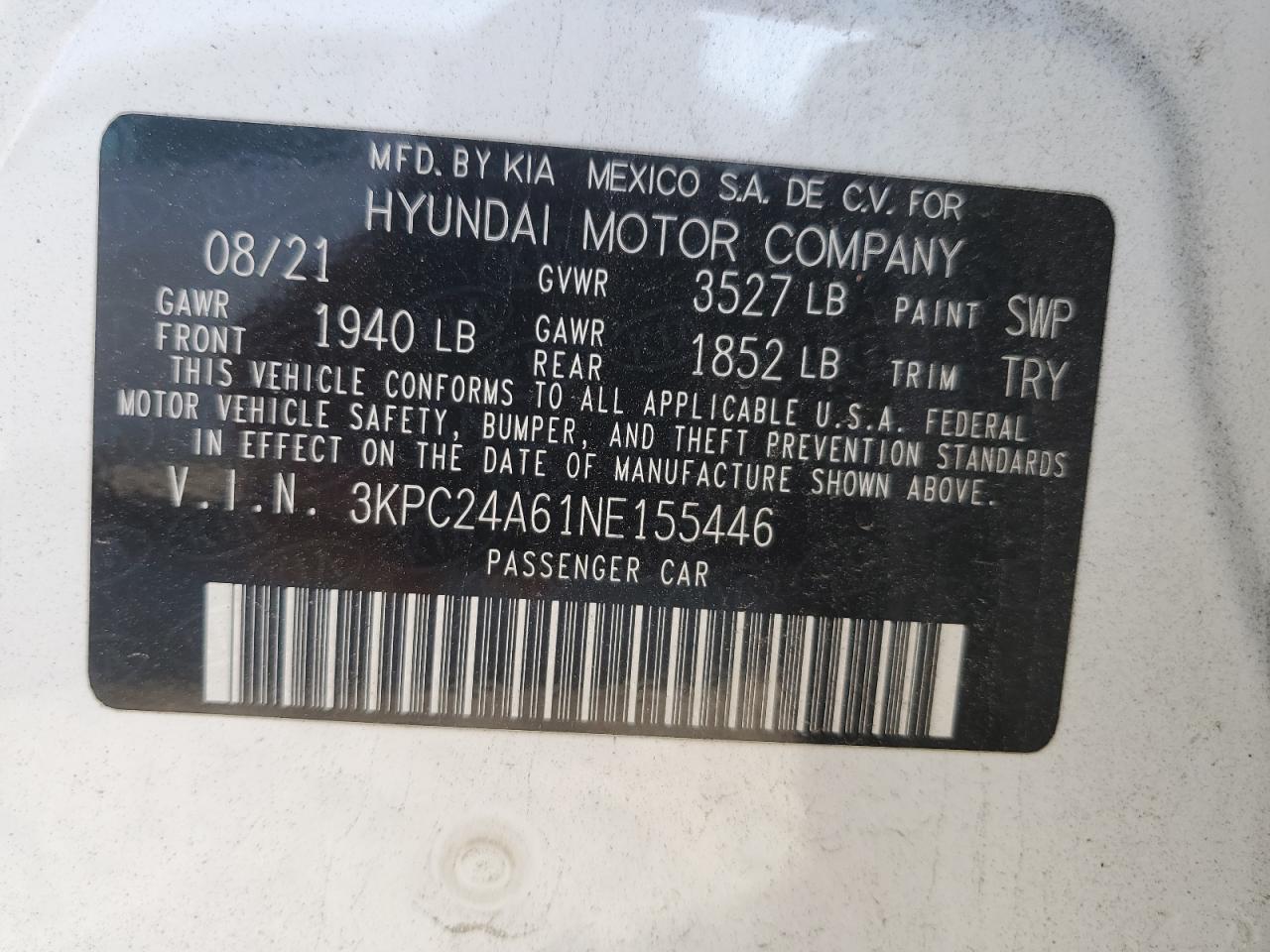 2022 Hyundai Accent Se VIN: 3KPC24A61NE155446 Lot: 61878604