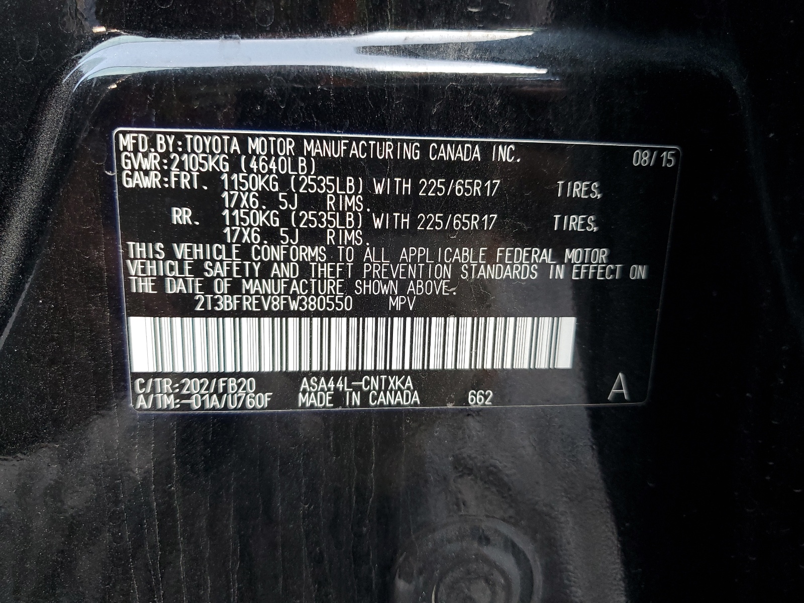 2T3BFREV8FW380550 2015 Toyota Rav4 Le