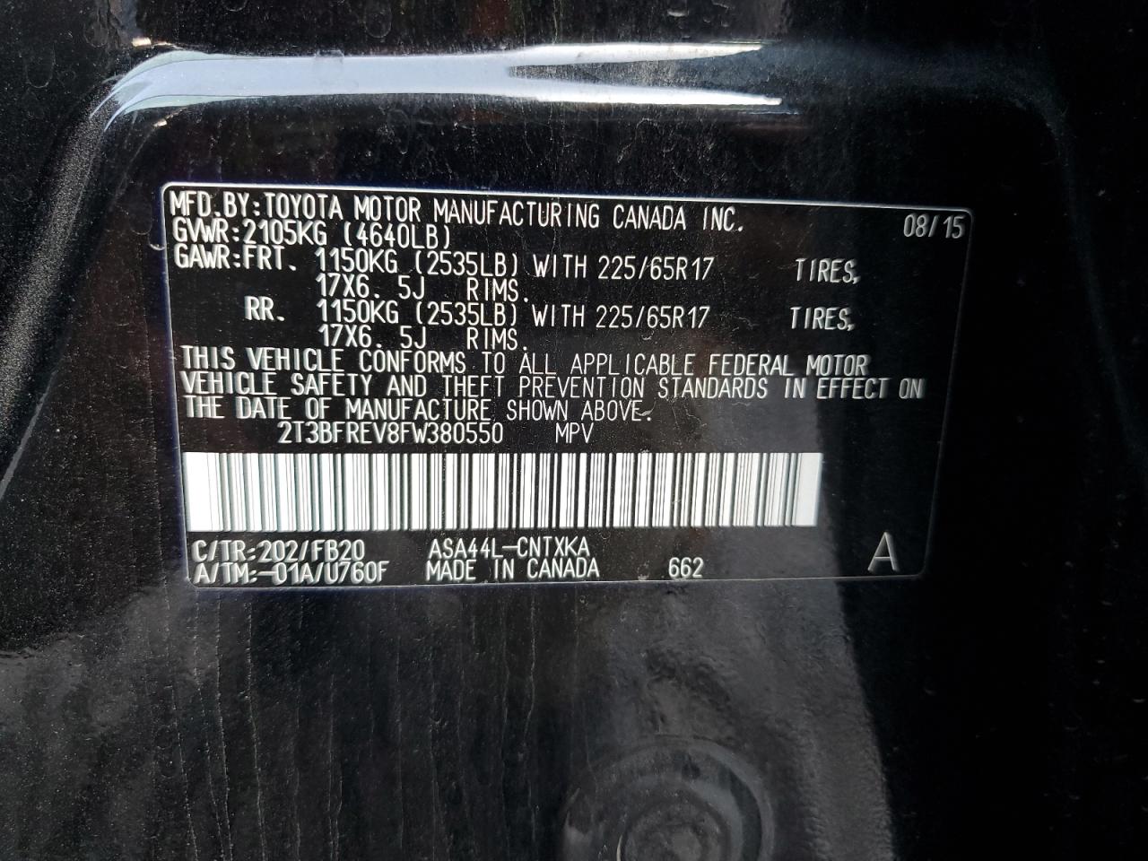 2015 Toyota Rav4 Le VIN: 2T3BFREV8FW380550 Lot: 63497594