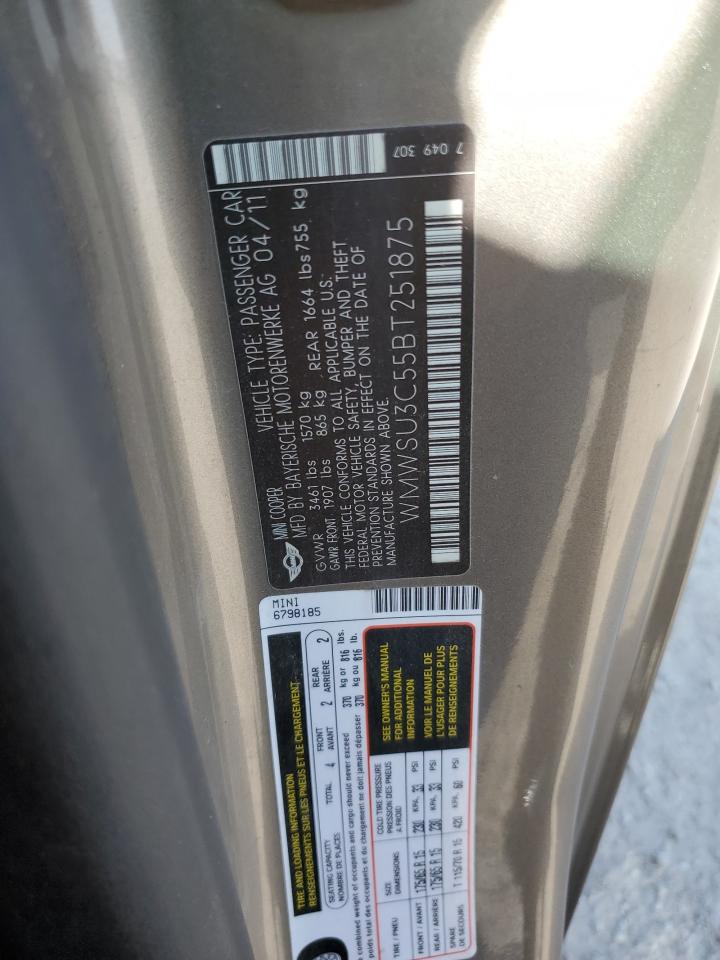 2011 Mini Cooper VIN: WMWSU3C55BT251875 Lot: 62998724