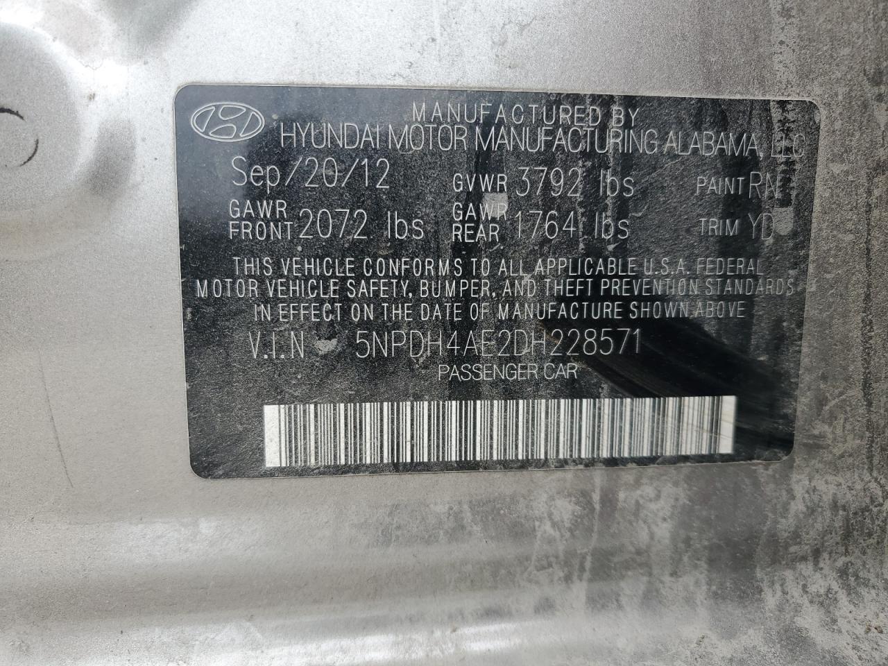 2013 Hyundai Elantra Gls VIN: 5NPDH4AE2DH228571 Lot: 64813734