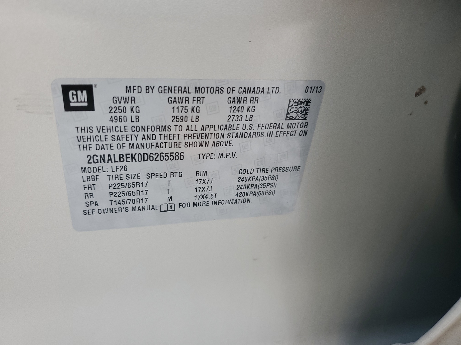 2GNALBEK0D6265586 2013 Chevrolet Equinox Ls