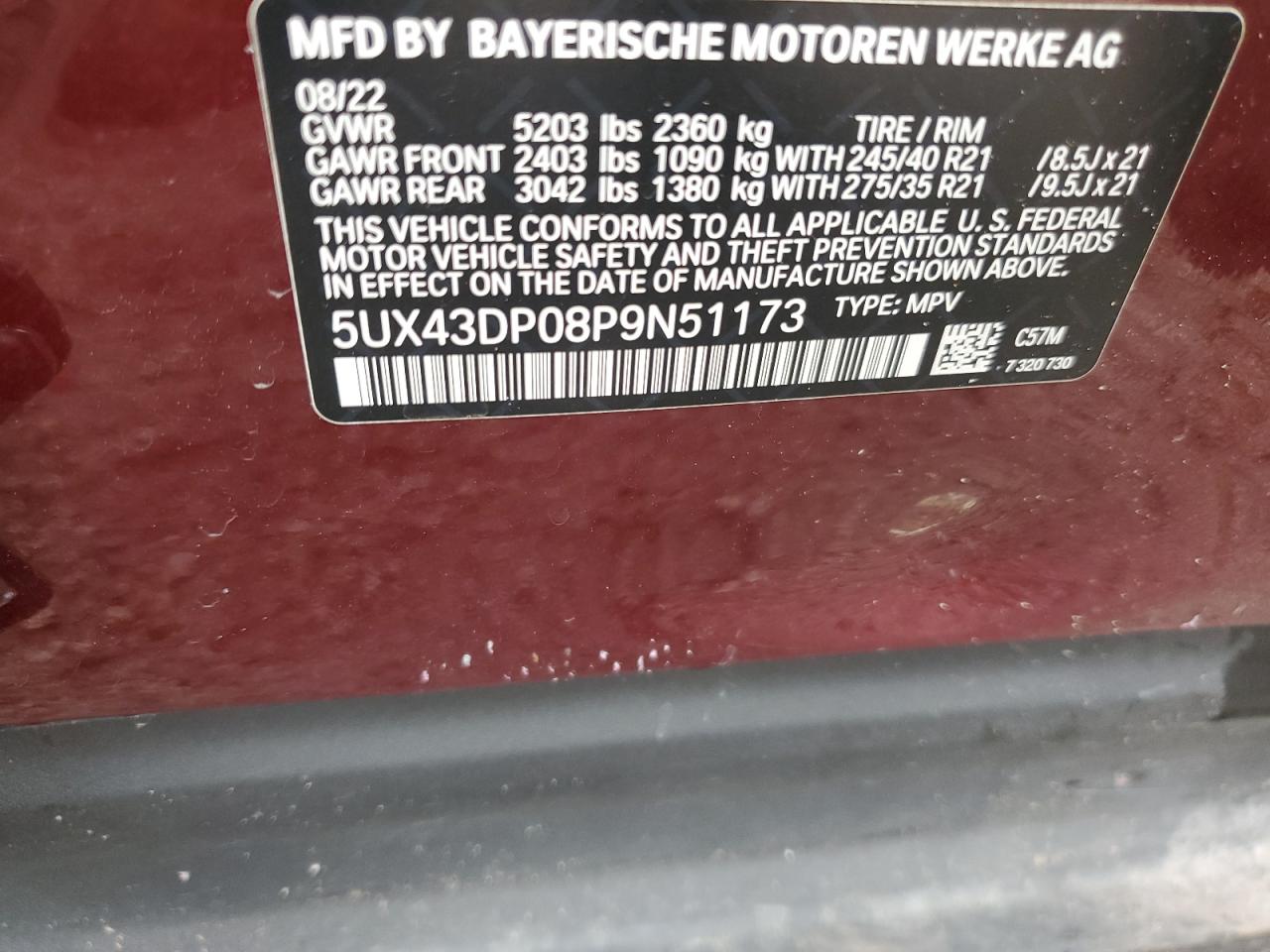 2023 BMW X3 Sdrive30I VIN: 5UX43DP08P9N51173 Lot: 62601594