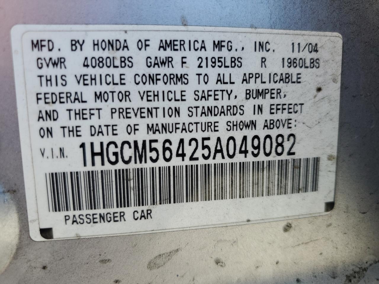 2005 Honda Accord Lx VIN: 1HGCM56425A049082 Lot: 62022414