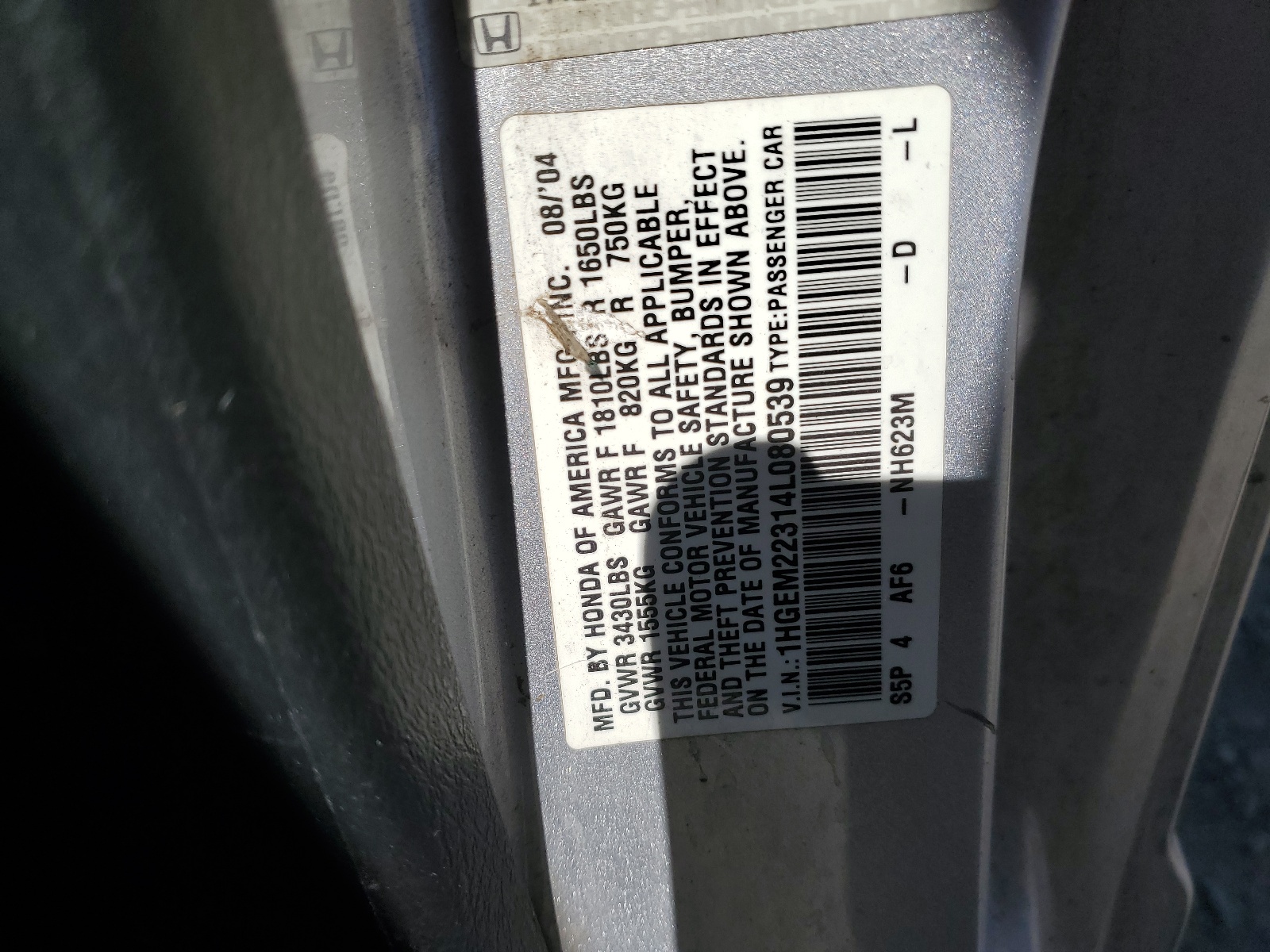 1HGEM22314L080539 2004 Honda Civic Dx Vp